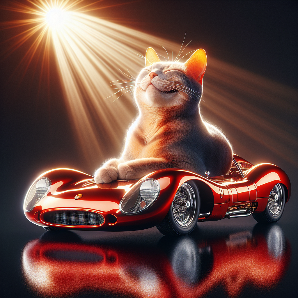 A happy cat sitting on top of a red Ferrari sports car, the cat is smiling with a content expression, bright sunny day, glossy car paint reflecting light, photorealistic style